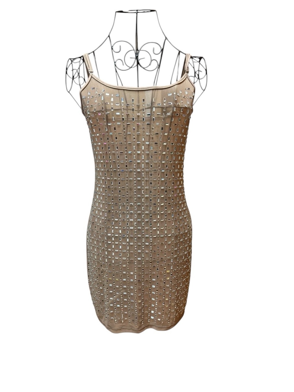 Beige Tan Rhinestone Embellished Bodycon Dress